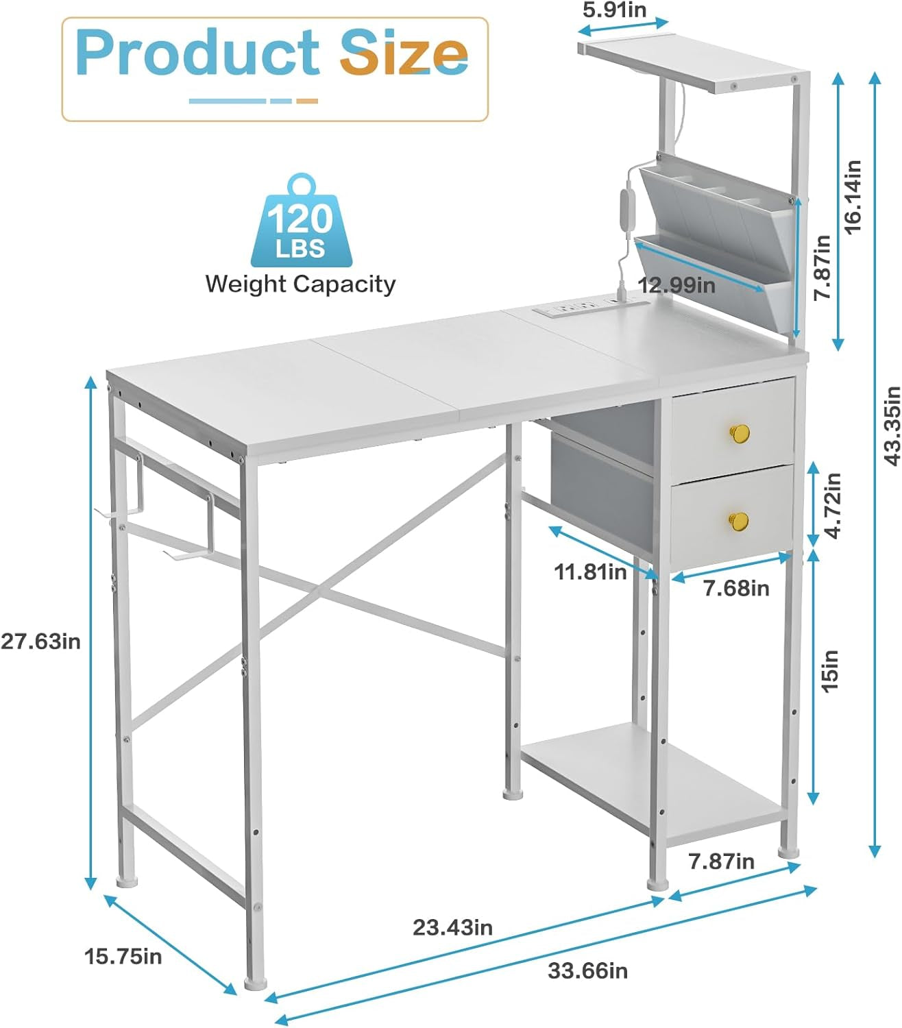 33.7" Computer Desk with Power Outlets, LED Lights & 2 Drawers, Small Office Desk with Storage Bag & Hooks, Gaming Desk for Bedrooms or Home Office, Compact Study Desk for Small Spaces，White