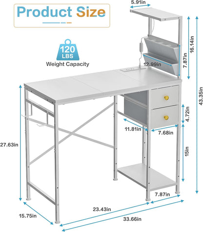 33.7" Computer Desk with Power Outlets, LED Lights & 2 Drawers, Small Office Desk with Storage Bag & Hooks, Gaming Desk for Bedrooms or Home Office, Compact Study Desk for Small Spaces，White