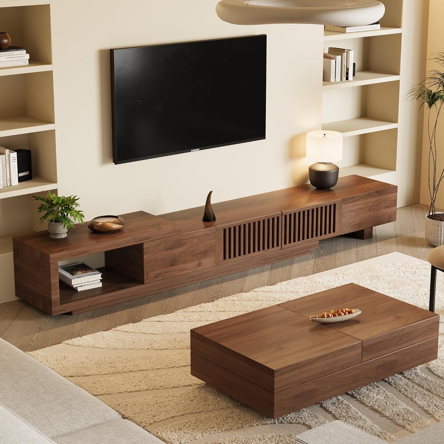 Mid-Century Modern Extendable 78.5"-105" TV Stand for Tvs up to 70"-100",Entertainment Centers with 2 Drawers and 2 Storage Units, for Living Room,Bedroom,Walnut