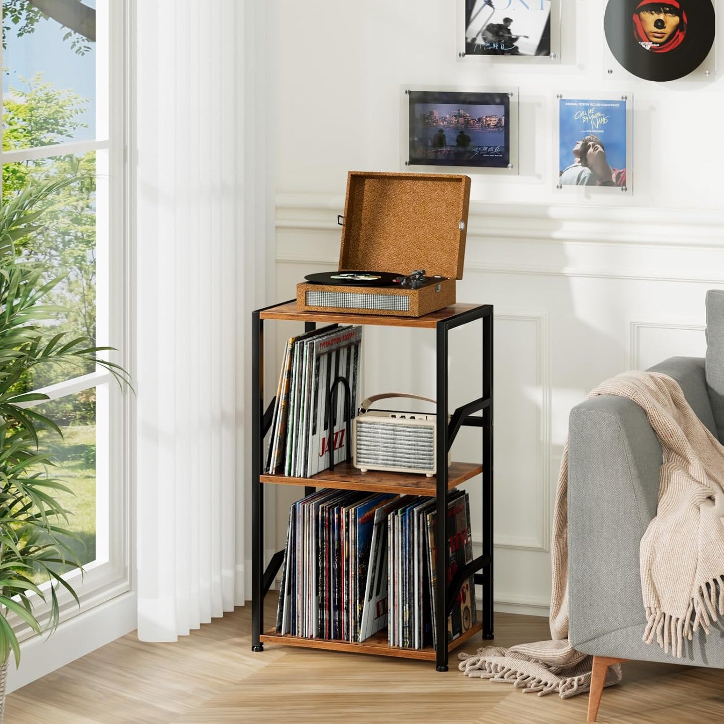 Record Player Stand, Vinyl Record Storage up to 200 Albums, 3 Tier End Table with Removable Dividers, Tall Side Table for Living Room, Bedroom, Rustic Brown, HETCD010BR-1