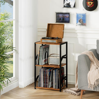 Record Player Stand, Vinyl Record Storage up to 200 Albums, 3 Tier End Table with Removable Dividers, Tall Side Table for Living Room, Bedroom, Rustic Brown, HETCD010BR-1