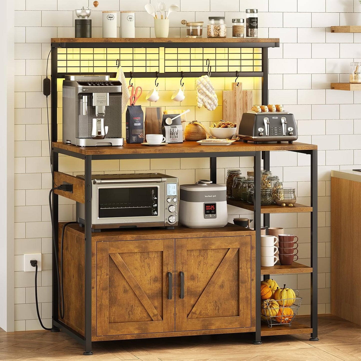 Bakers Rack with Power Outlet and LED Light, Microwave Stand with Storage Cabinet, Coffee Bar Cabinet Station with 6 Hooks for Kitchen, Dining Room, Living Room, Coffee Bar, Rustic Brown, Black