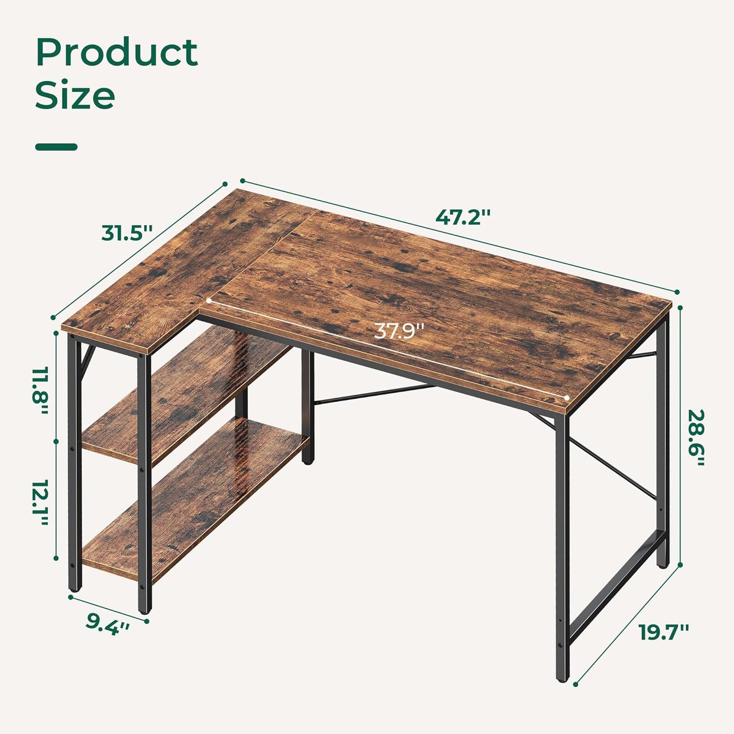 47 Inches L Shaped Desk, Computer Desk with Reversible Storage Shelves, for Gaming Corner Home Office Writing Study, Metal Frame, Rustic Brown