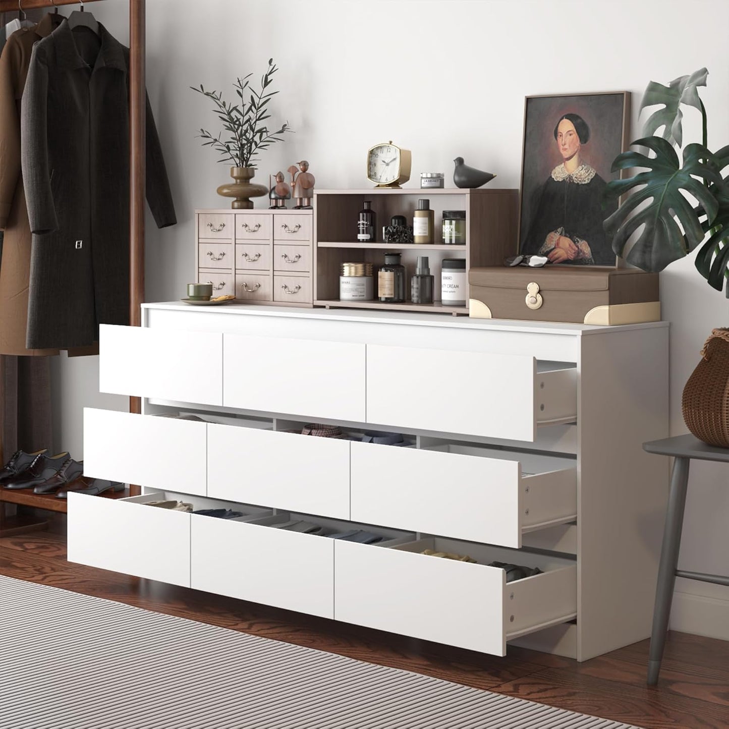 9 Drawer Dresser for Bedroom with Deep Drawers, Large Floor Wood Dressers & Chest of Drawers Handle Free, Modern White Long Dressers for Closet Living Room, Euro Slide (63"W X 15.7"D X 31.5"H)