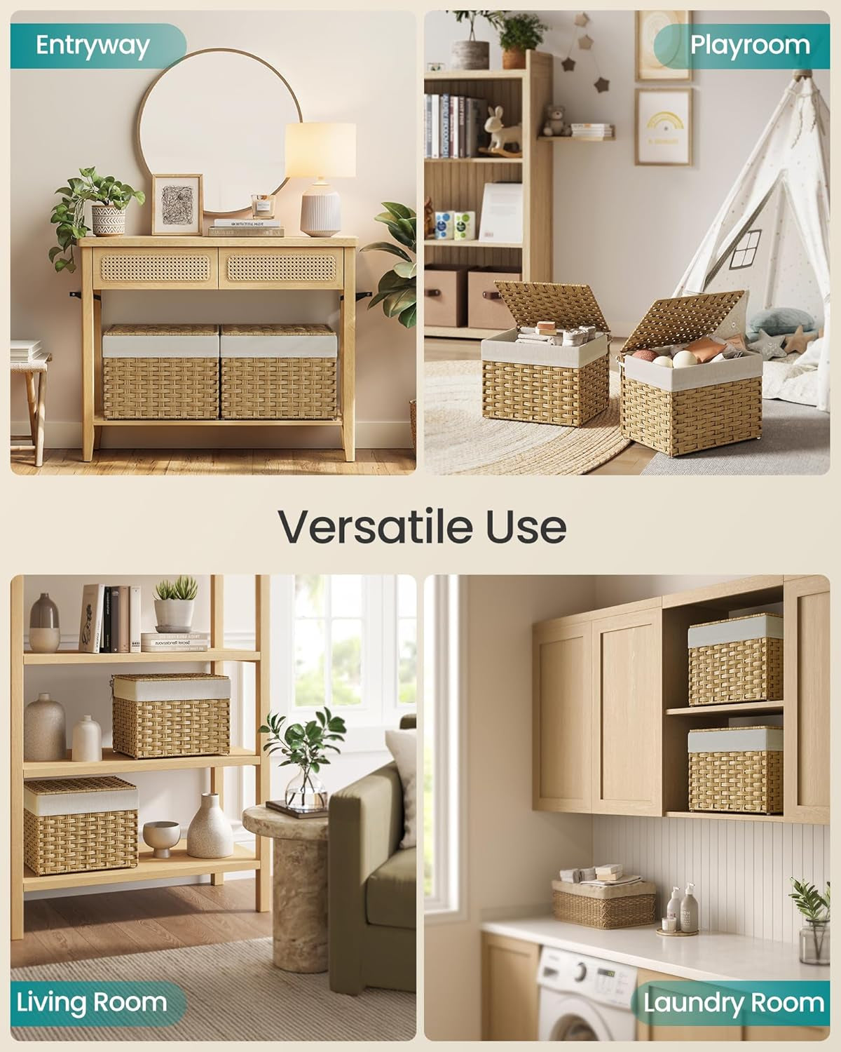 Storage Basket with Lid, Woven Blanket Storage Bin with Handles, Foldable, Removable Liner, Metal Frame, for Bedroom, Laundry Room, 9.2 Gallons (35 L), Natural URST040YE01