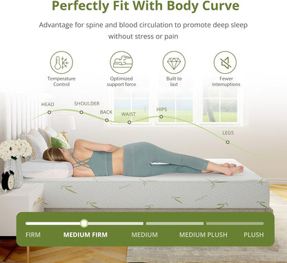 8 Inch Full Size Mattress, Cooling Green Tea Gel Memory Foam for Pressure Relief, Medium Firm Support, Fiberglass Free, Bed in a Box, Certipur-Us Certified