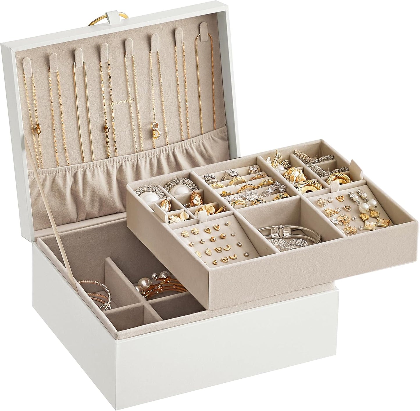 2-Layer Jewelry Box, Jewelry Organizer with Handle, Removable Jewelry Tray, Jewelry Storage, Floating Effect, 8.1 X 9.4 X 4.3 Inches, Gift Idea, White UJBC165W01