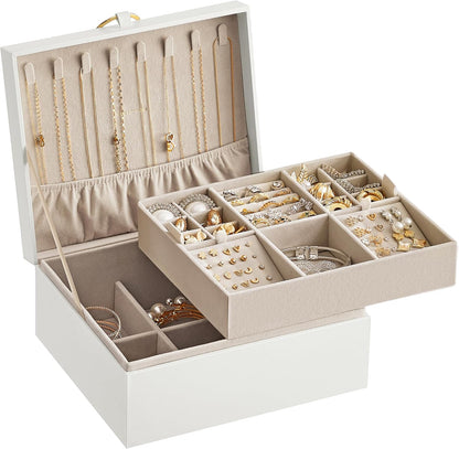 2-Layer Jewelry Box, Jewelry Organizer with Handle, Removable Jewelry Tray, Jewelry Storage, Floating Effect, 8.1 X 9.4 X 4.3 Inches, Gift Idea, White UJBC165W01