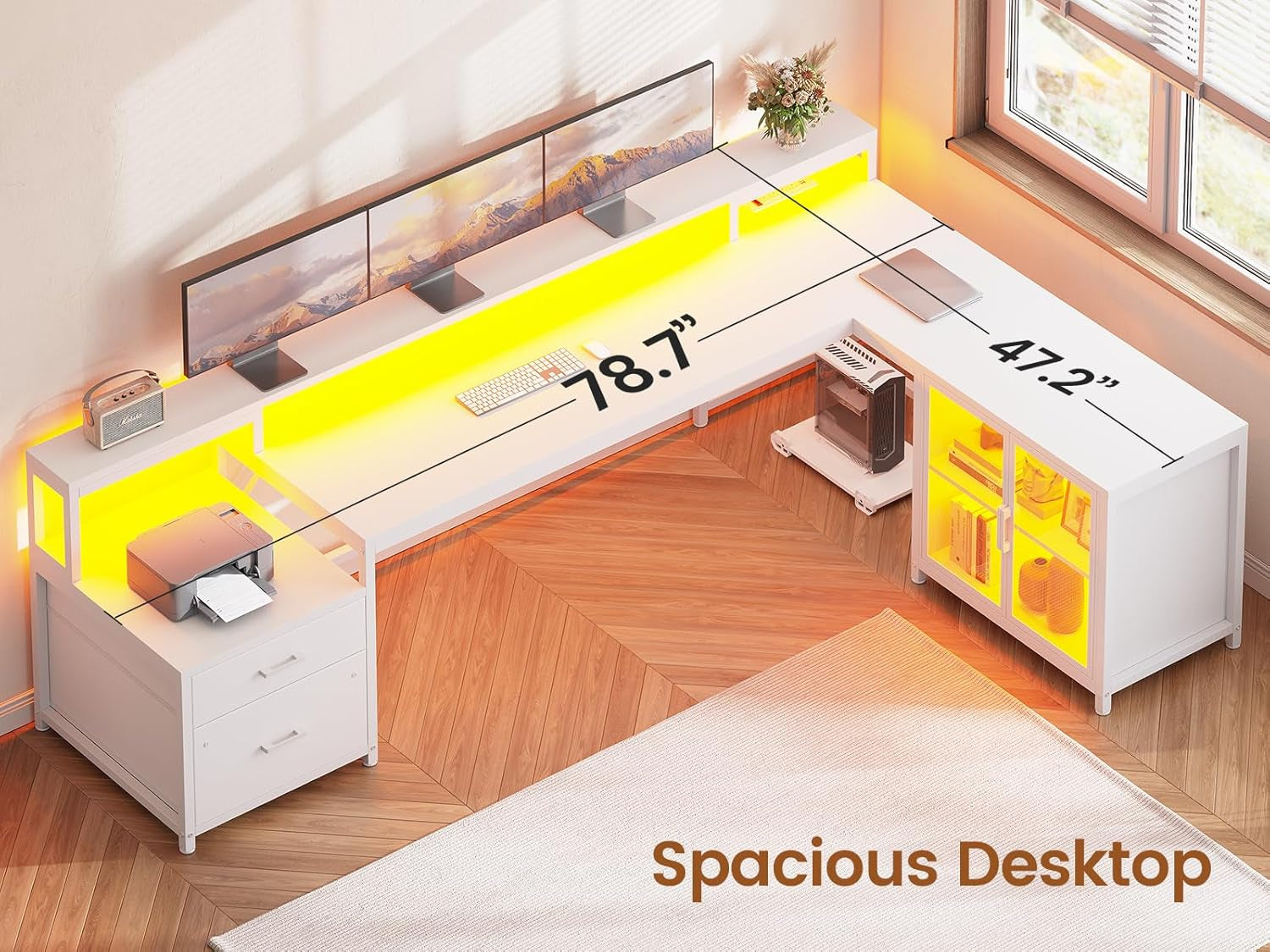 Corner Computer Desk, Reversible L Shaped Computer Desk with Drawers and Power Outlet, 78.7” Large Gaming Desk with Led Lights, Storage Shelves and Display Cabinet for Home Office, White