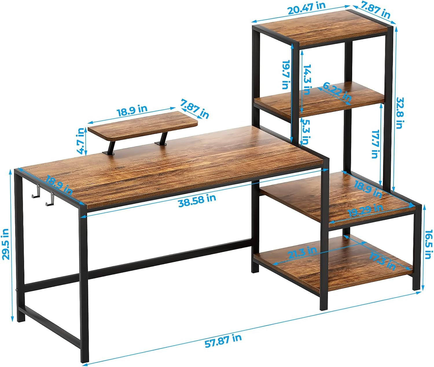 Computer Desk 58 Inch with Printer Shelf, Reversible Office Desk with Monitor Stand and 2 Hooks, Home Workstation for Study Writing Working Gaming, Brown