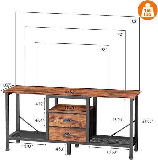 TV Stand with 2 Fabric Drawers, 43 Inch Entertainment Center with Open Storage Shelves, Media Console Table for Bedroom, Living Room, Rustic Brown