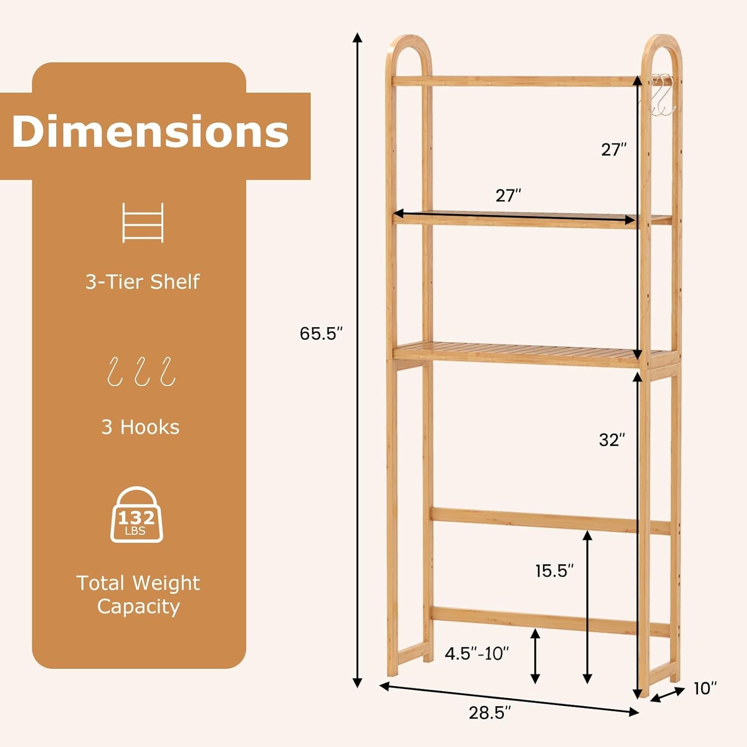 over the Toilet Storage Cabinet, 3-Tier Bamboo Bathroom Shelves over Toilet W/3 Hooks, Adjustable Shelves & Waterproof Feet Pad, over Toilet Bathroom Organizer for Laundry, Balcony, Restroom