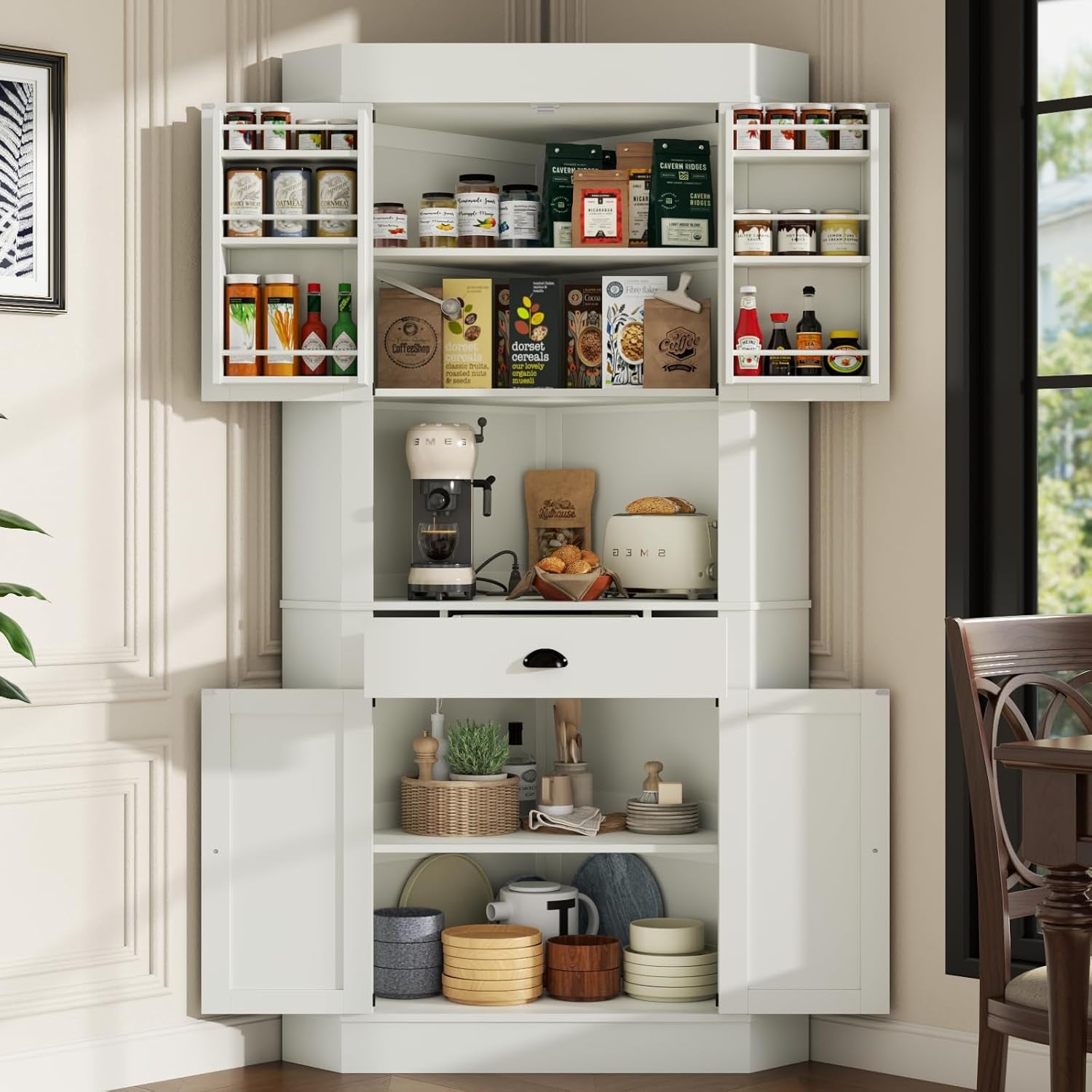 Corner Cabinet with Charging Station,73"Tall Kitchen Pantry Storage Cabinet with Drawer,Freestanding Kitchen Pantry Cabinets with Doors and Shelves,Farmhouse Food Hutch for Dining Room,Kitchens(White)