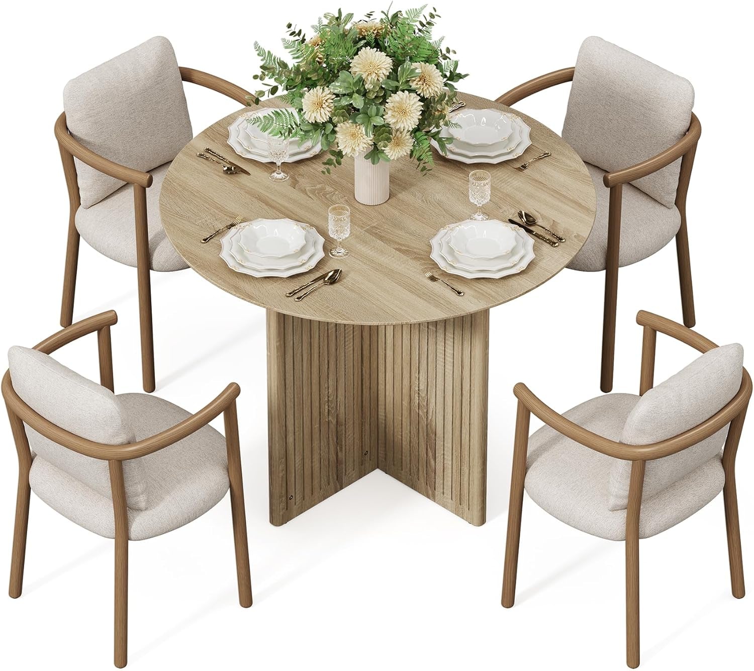 round Dining Table for 4-6 People, Modern Wooden Kitchen Table with Pedestal Base, Small Dinner Table for Dining Room, Kitchen, Living Room