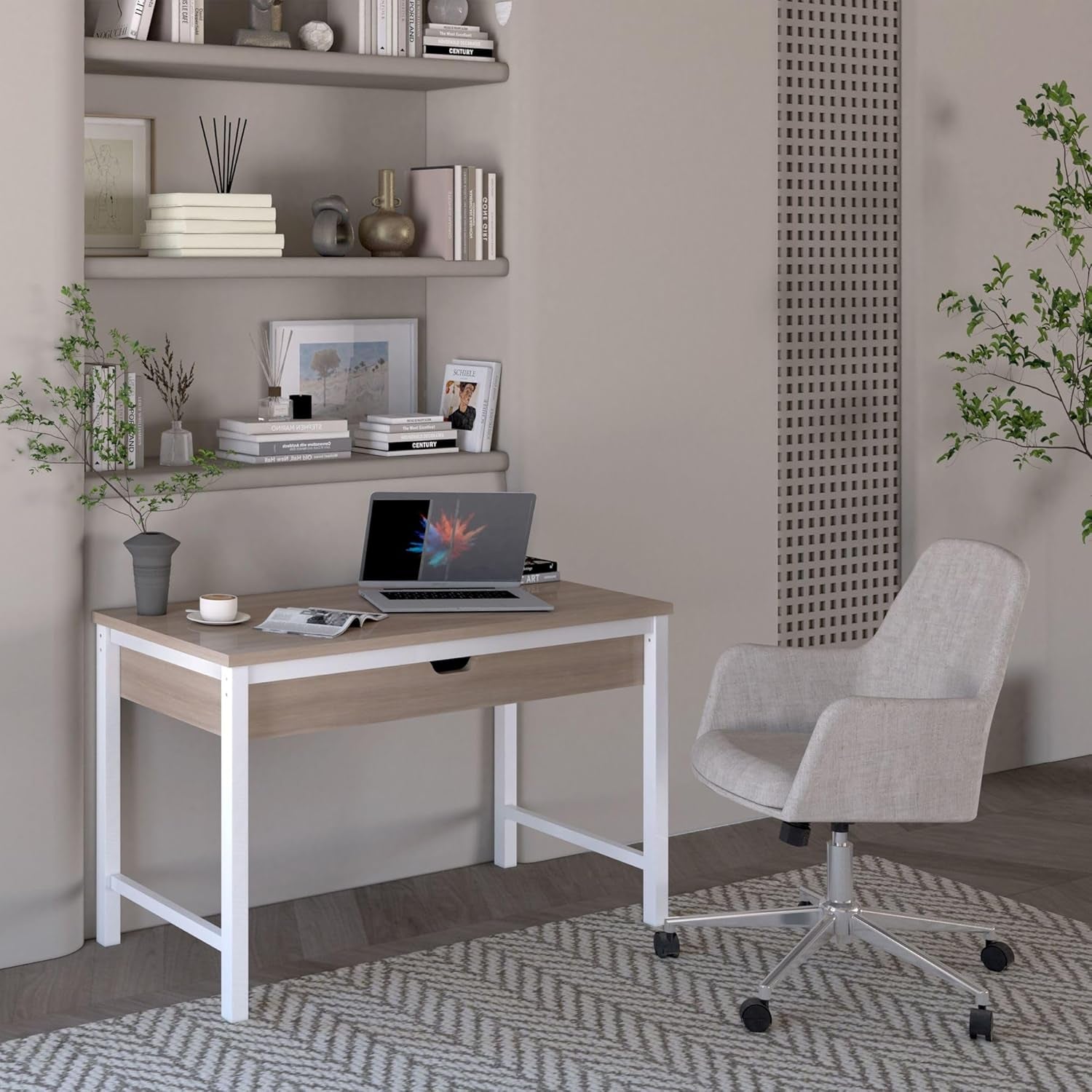 Workspace by  Mid-Century Task Chair, Supports up to 275 Lb, 18.9" to 22.24" Seat Height, Cream Seat, Cream Back