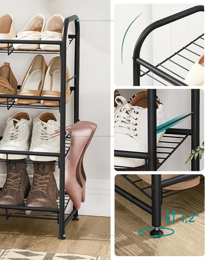 4 Tier Shoe Rack, Stackable Storage Rack, up to 16 Pairs, Metal, 68.5 X 27.5 X 65 Cm, for High Heels, Sneakers, Slippers, in Entrance, Black LMR067B01