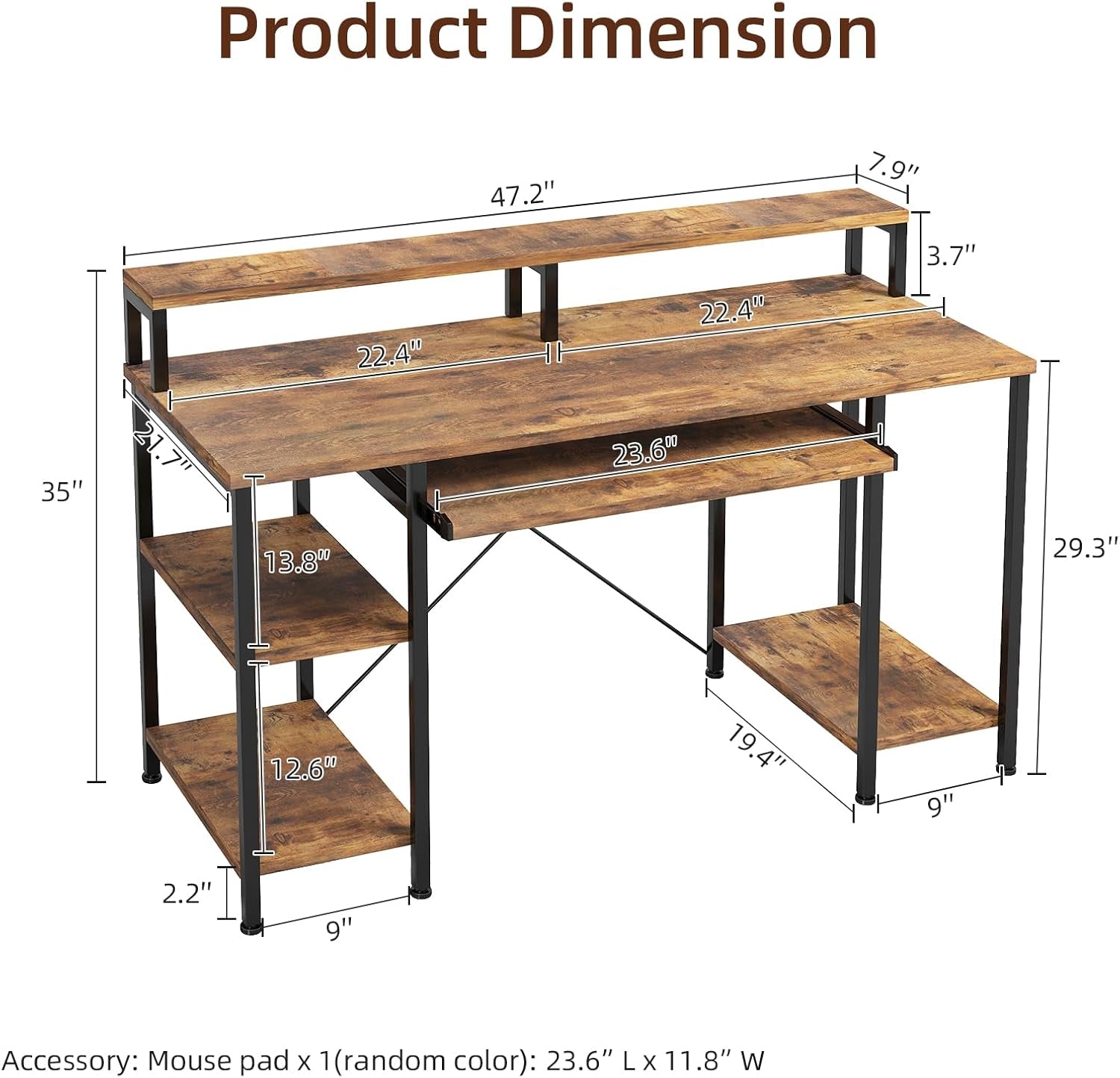 48Inch Computer Desk, Home Office Desks with Keyboard Tray, Gaming Desk with CPU Stand Shelf,Industrial Study Table Wide Writing Desk with Storage Shelves for 2 Monitors, Rustic Brown