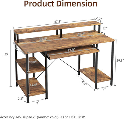 48Inch Computer Desk, Home Office Desks with Keyboard Tray, Gaming Desk with CPU Stand Shelf,Industrial Study Table Wide Writing Desk with Storage Shelves for 2 Monitors, Rustic Brown