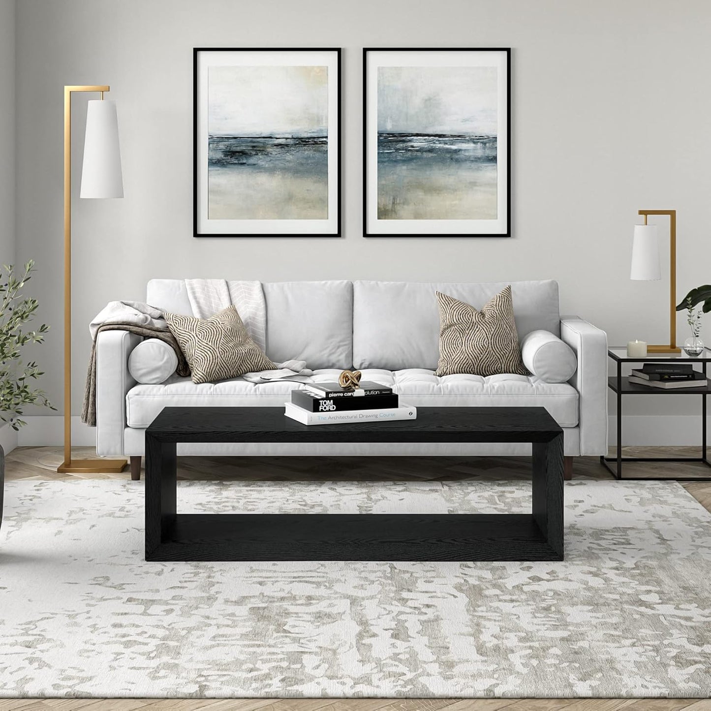 58" Rectangular Coffee Table with Open Storage Shelf for Living Room, Family Room, or Office, Black Grain
