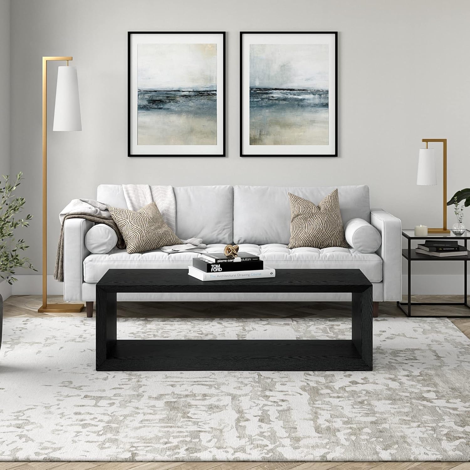 58" Rectangular Coffee Table with Open Storage Shelf for Living Room, Family Room, or Office, Black Grain