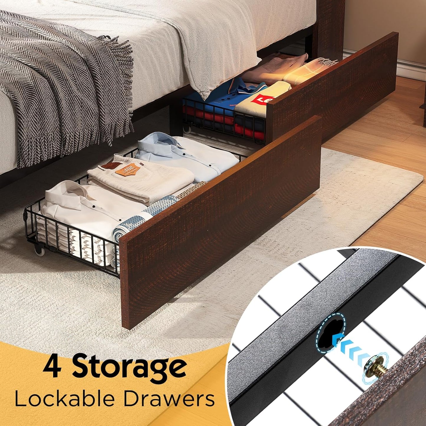 King Farmhouse Bed Frame with Bookcase Headboard and 4 Drawers, LED Storage Bed with Charging Station & Linen Upholstered, No Box Spring Needed, Reclaimed Barnwood