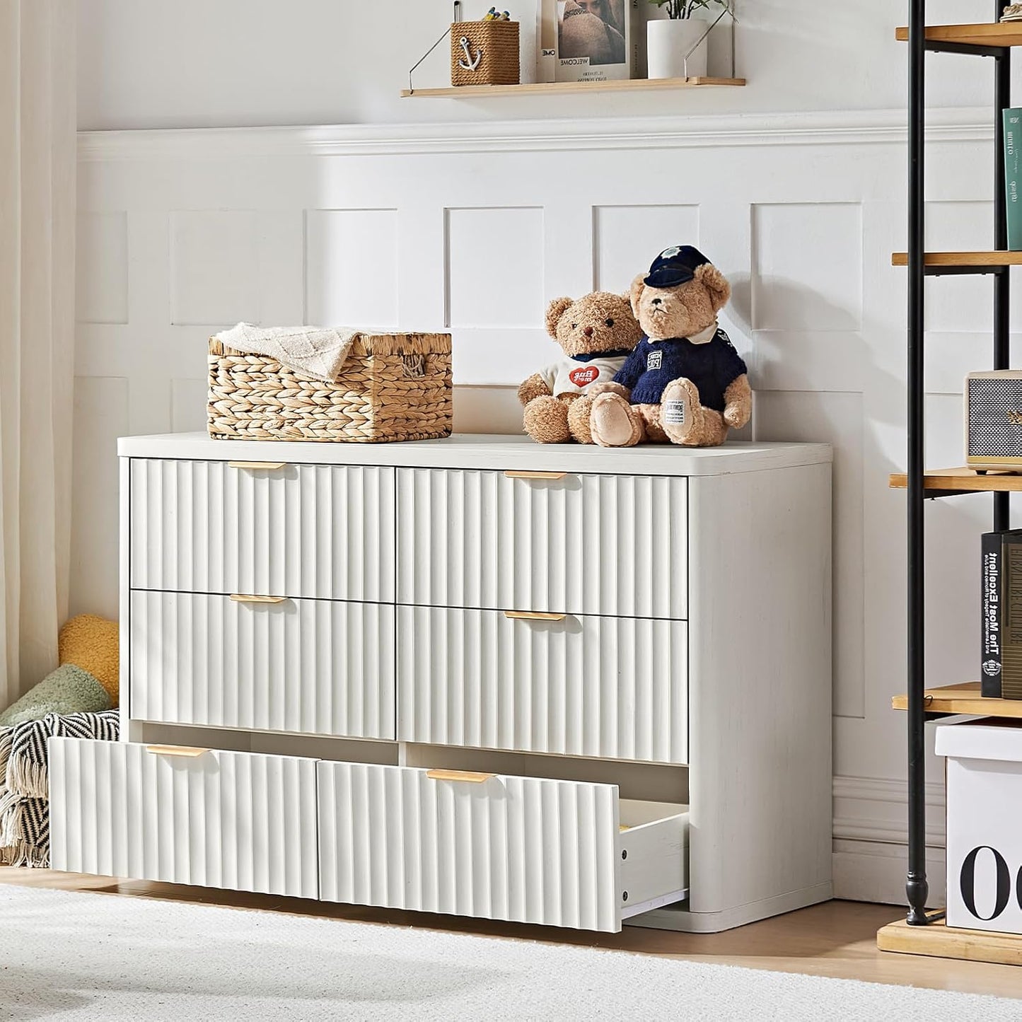 Fluted 6 Drawers Dresser, 48" Wide Modern Chest of Drawers with Wood Grain Top, Curved Profile Design, Dresser TV Stand, Wood Drawer Organizer for Bedroom, Living Room, Antique White