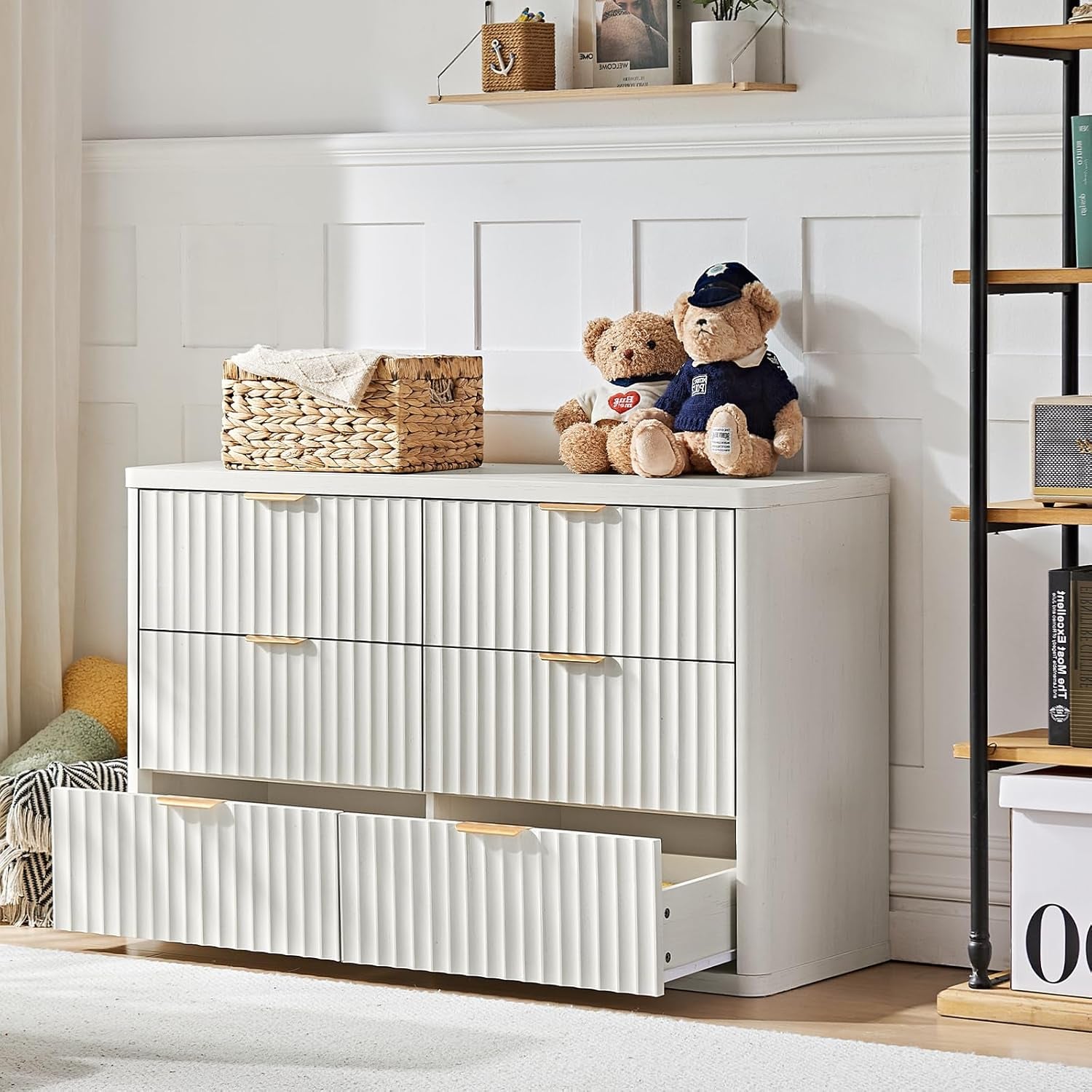 Fluted 6 Drawers Dresser, 48" Wide Modern Chest of Drawers with Wood Grain Top, Curved Profile Design, Dresser TV Stand, Wood Drawer Organizer for Bedroom, Living Room, Antique White