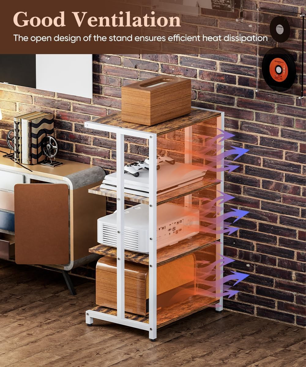 4-Tier Media Storage Stand, Audio Media Rack for Living Room, Gaming Room, Music Studio, Wooden Game Console Shelf for TV Accessories/Audiovisual Equipment/Optical Disc/Ps4, White