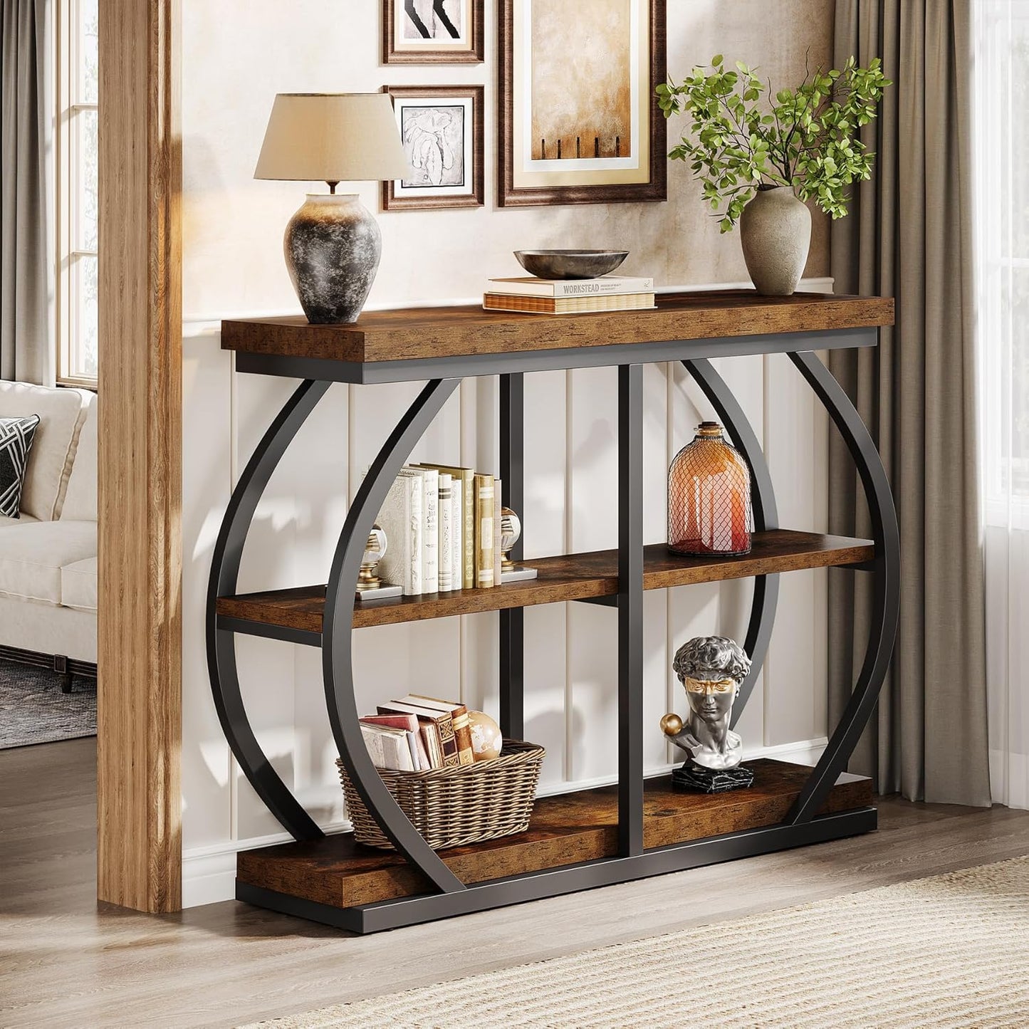 41.3" Console Table, Industrial 3-Tier Entryway Table with Arched Metal Frame and Storage Shelves for Living Room, Hallway, Rustic Brown