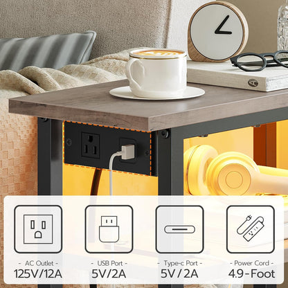 Narrow Side Table with Charging Station and LED Light, Small End Table with Storage, Skinny Nightstand with USB Port, Slim Bedside Table for Small Spaces, Living Room, Greige BG242UDBZ01