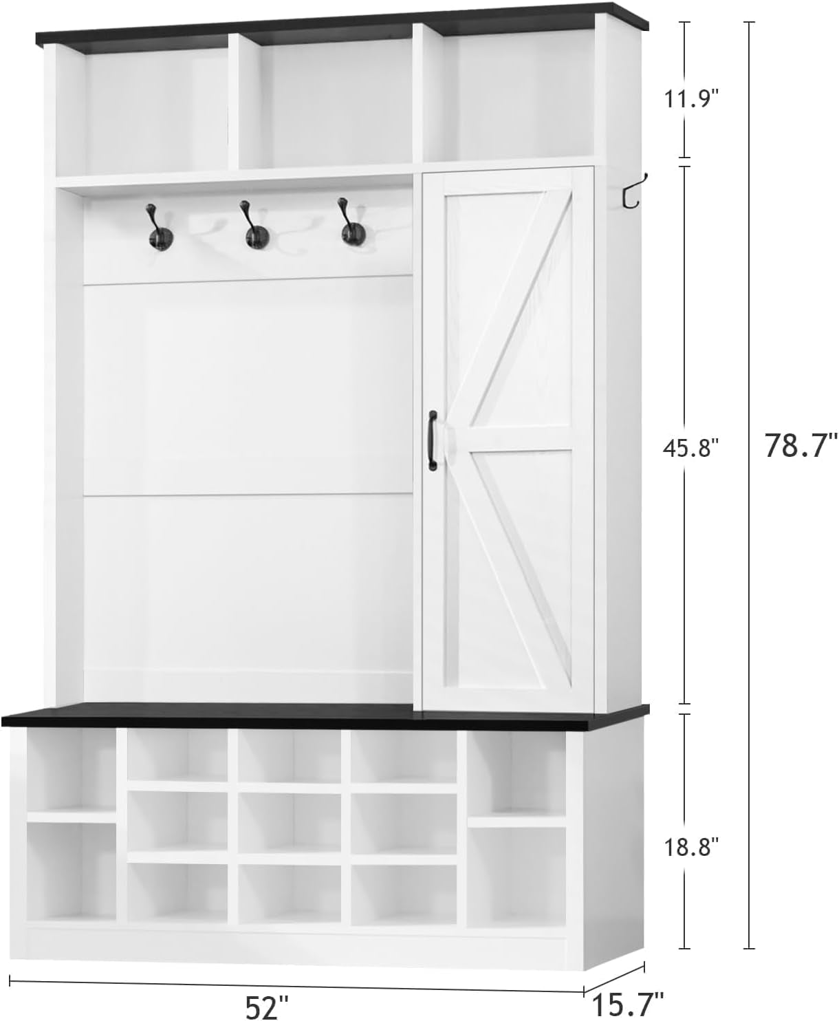 Farmhouse Mudroom Hall Tree with Shoe Storage, 79 Inch Hall Tree with Bench for Entryway, White Entryway Bench with Coat Rack and Barn Door, Adjustable Shoe Cubbies and 3-Tier Cabinet
