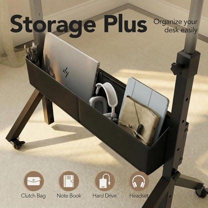 Rolling Standing Desk with Storage Bag,Adjustable Height Mobile Standing Desk for Walking Pad & Home Office,Portable Laptop Desk with Wheels 2'',31.5"X16",Height:28.35–46.46''Walnut