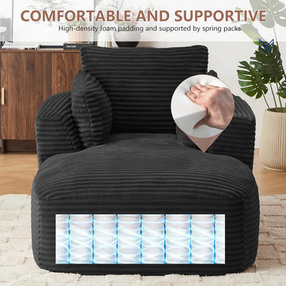 Oversized Chaise Lounge Chair Indoor, Corduroy Comfy Boneless Sleeper Sofa Couch with Pillows for Living Room Apartment Reading Nook, No Assembly Required, 45.3”W, Black