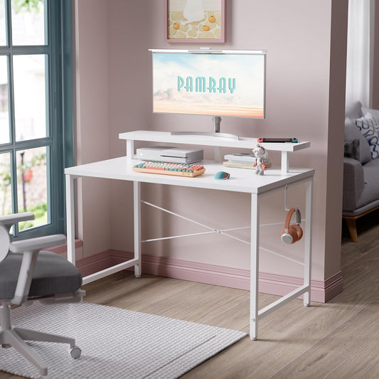 32 Inch Small Computer Desk with Monitor Stand, Simple Office Desk with Headphone Hook for Small Spaces, Kids Study Writing Table for Bedroom, White