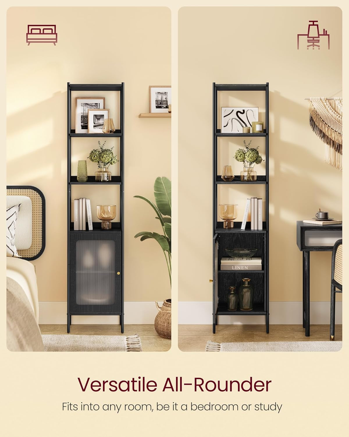 6-Tier Bookcase, Slim Bookshelf with PC Door, Freestanding Storage Shelf with Metal Frame, Adjustable Shelf, for Living Room, Ebony Black and Matte Black ULLS123B56