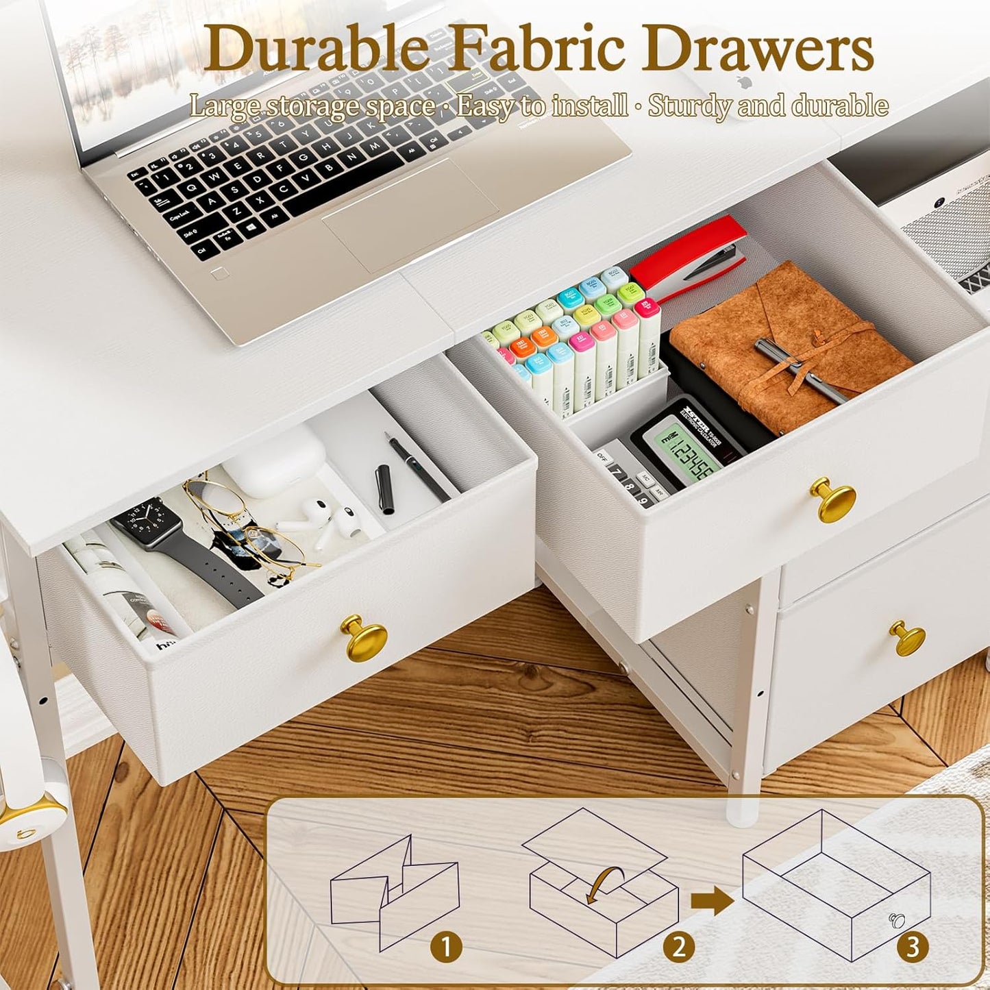 Small Computer Desk with 4 Fabric Drawers, Simple Writing Desk for Home Office, Compact Study Desks for Small Spaces, Kids Desk Study for Bedroom, White
