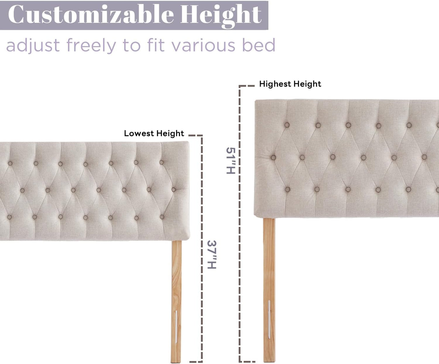 Headboards for King Size Bed in Modern Button Design, Premium Linen Fabric Upholstered Tufted Bed Headboard, Adjustable Solid Wood Head Board, Beige