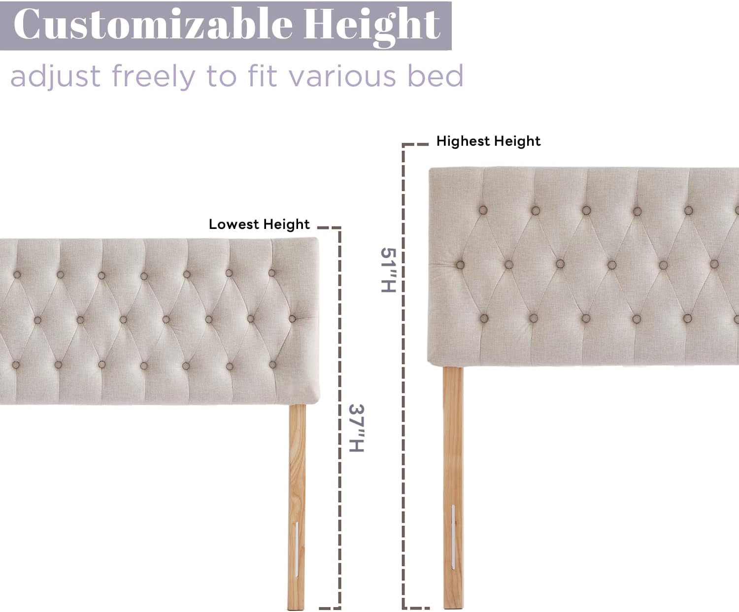 Headboards for King Size Bed in Modern Button Design, Premium Linen Fabric Upholstered Tufted Bed Headboard, Adjustable Solid Wood Head Board, Beige
