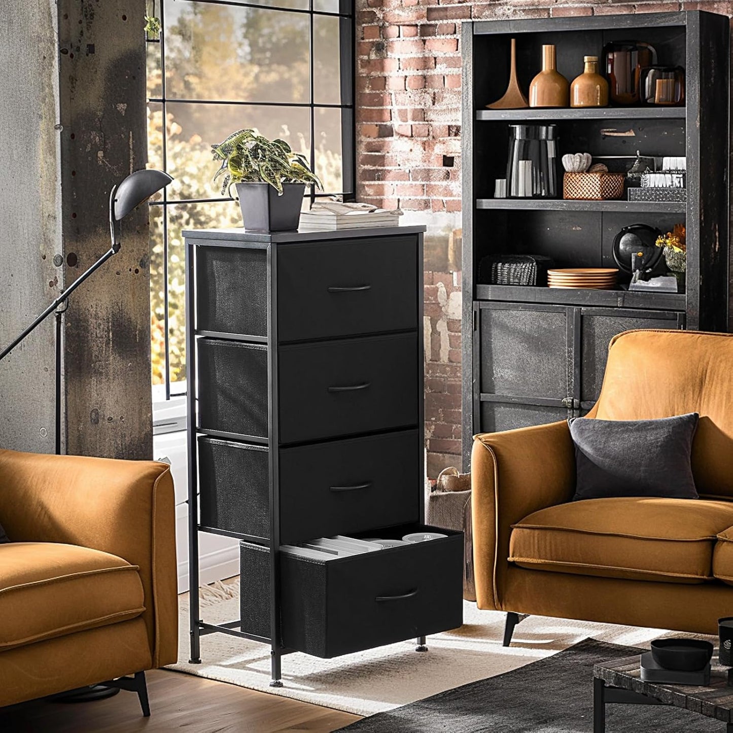 Nightstand Small Bedroom Dresser with 4 Fabric Drawers, Bed Side Furniture End Table, Wooden Top Cabinet Night Stand Dresser for Closet, Entryway, Dorm, Black