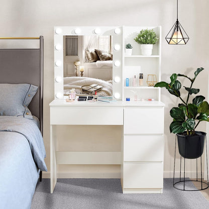 Makeup Vanity with Lights, 37Inch Vanity Desk, 4 Large Drawers Dresser with Lighted Mirror, 3 Lighting Modes Brightness Adjustable, White
