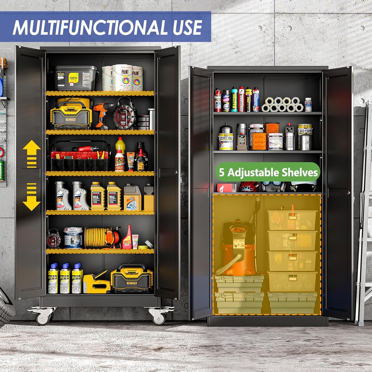 75" Tall Metal Garage Storage Cabinet with Wheels and Locking Doors and Tall Rolling Steel Tool Cabinet with 5 Adjustable Shelves for Garage,Home,Office,Shop (Black)