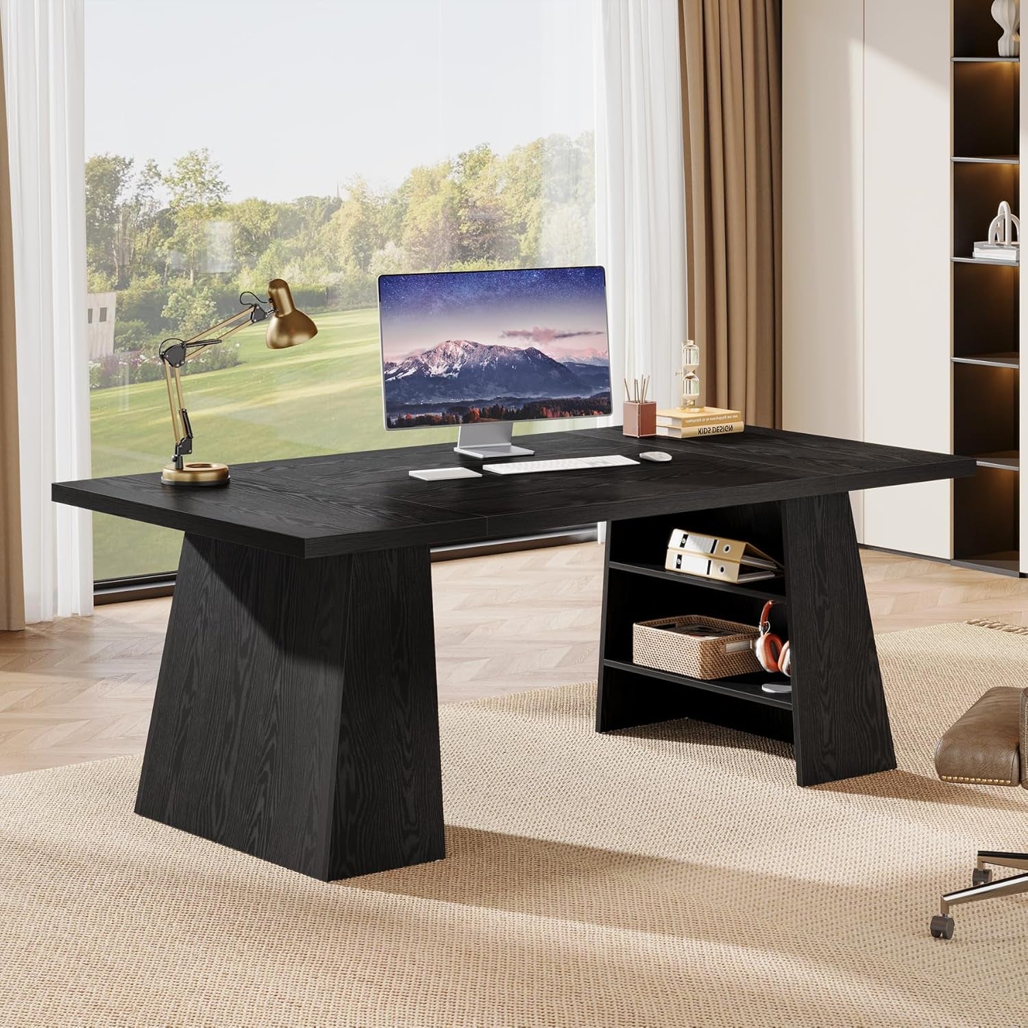 63-Inch Executive Desk, Modern Black Office Desk with Double Pedestal and Storage Shelves, Simple Large Computer Writing Conference Table Workstations Business Furniture for Home Office