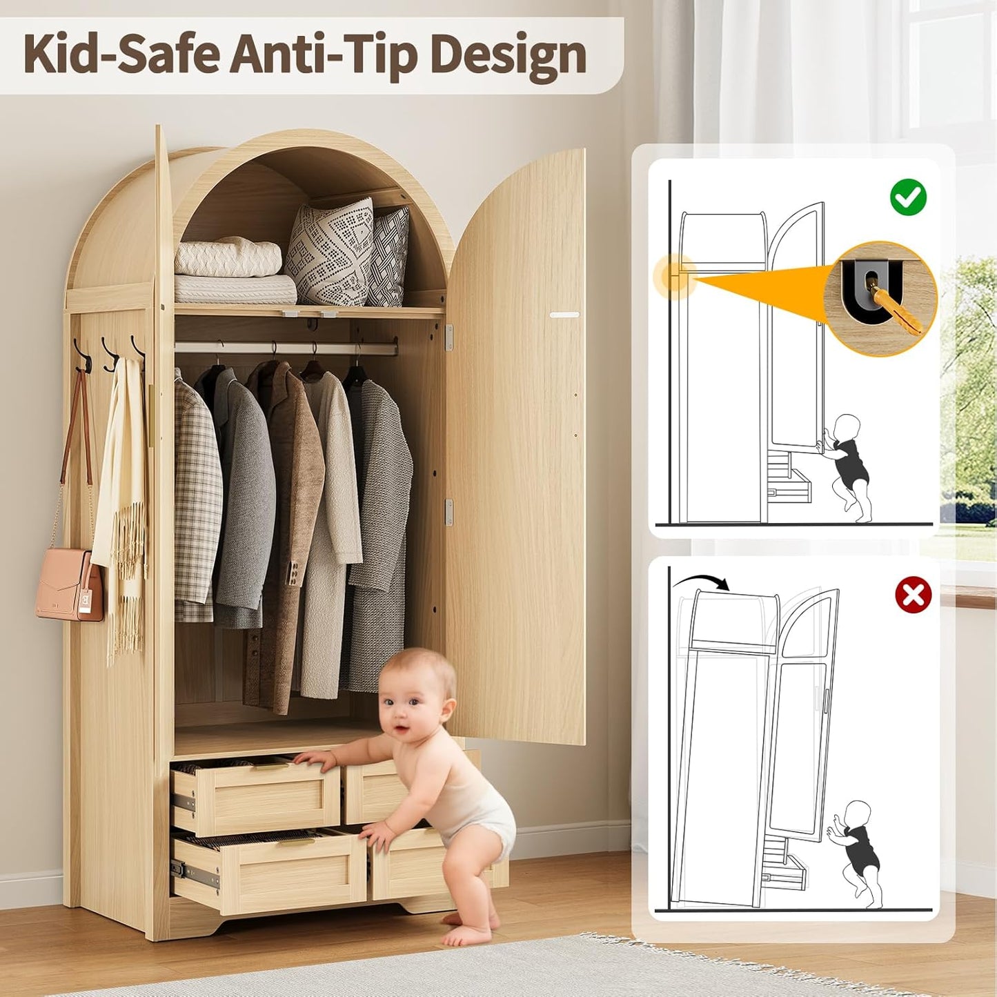 Armoire Wardrobe Closet with 4 Drawers - Wood Bedroom Armoires and Wardrobes with Rattan Doors for Hanging Clothes, Tall Clothing Cabinet Arched Closets for Cloak Room, Large Capacity Storage