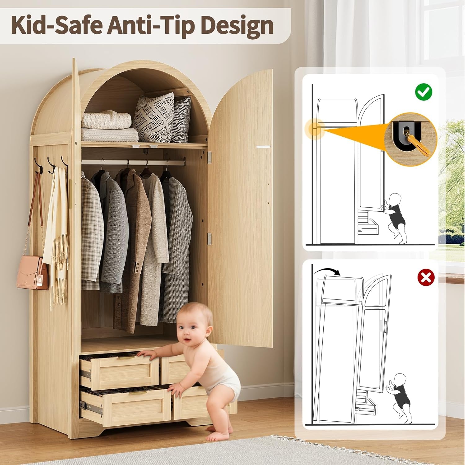 Armoire Wardrobe Closet with 4 Drawers - Wood Bedroom Armoires and Wardrobes with Rattan Doors for Hanging Clothes, Tall Clothing Cabinet Arched Closets for Cloak Room, Large Capacity Storage