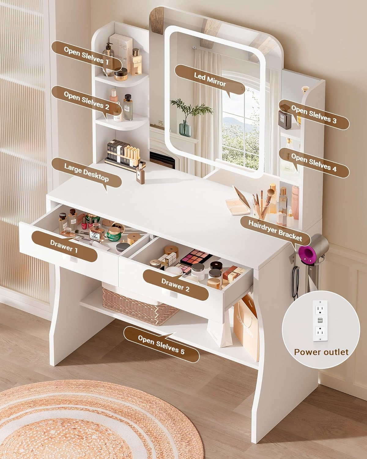 Small Makeup Vanity Desk, 29.5" W X 15.8" D X 51.2" H, White (Smart LED Mirror, Hairdryer Rack, Power-Outlet, 5 Shelves, 2 Drawers)