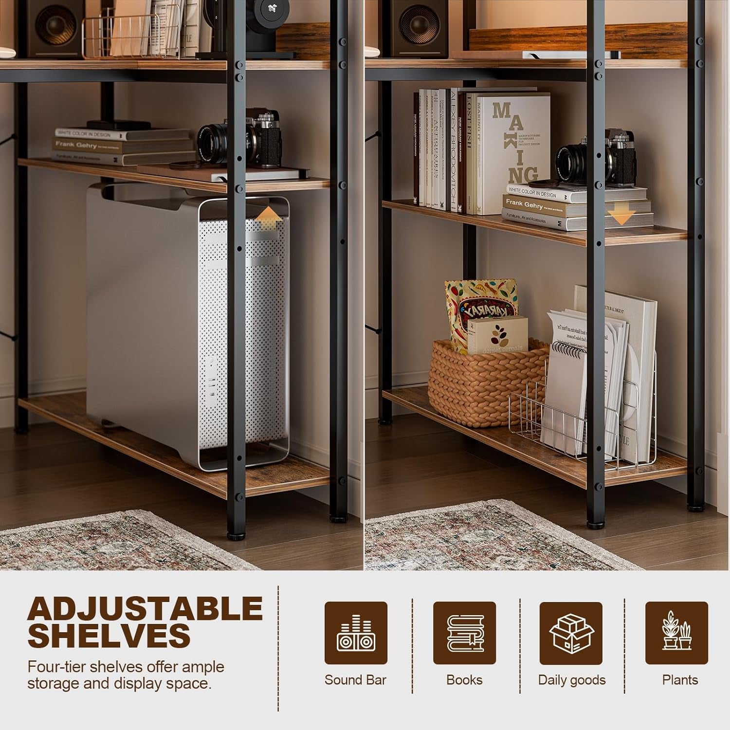 47 Inch L Shaped Computer Desk with Reversible Storage Shelves, Home Office Corner Desk Study Writing Table with Hutch, Study, Rustic Brown