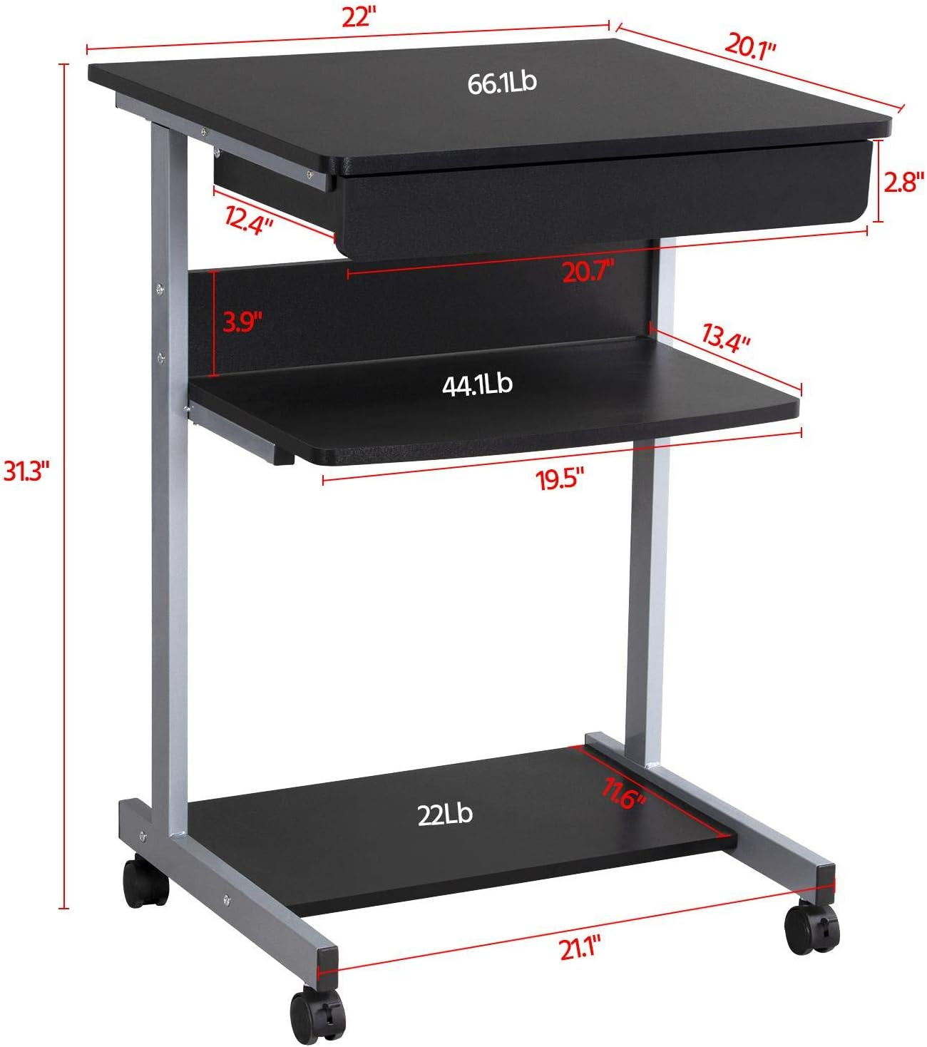 Mobile Computer Desk Cart, Small Rolling Laptop Desk PC Table Workstation with Drawer and Printer Shelf, Writing Desk Table for Small Space/Home Office