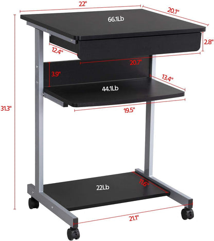 Mobile Computer Desk Cart, Small Rolling Laptop Desk PC Table Workstation with Drawer and Printer Shelf, Writing Desk Table for Small Space/Home Office