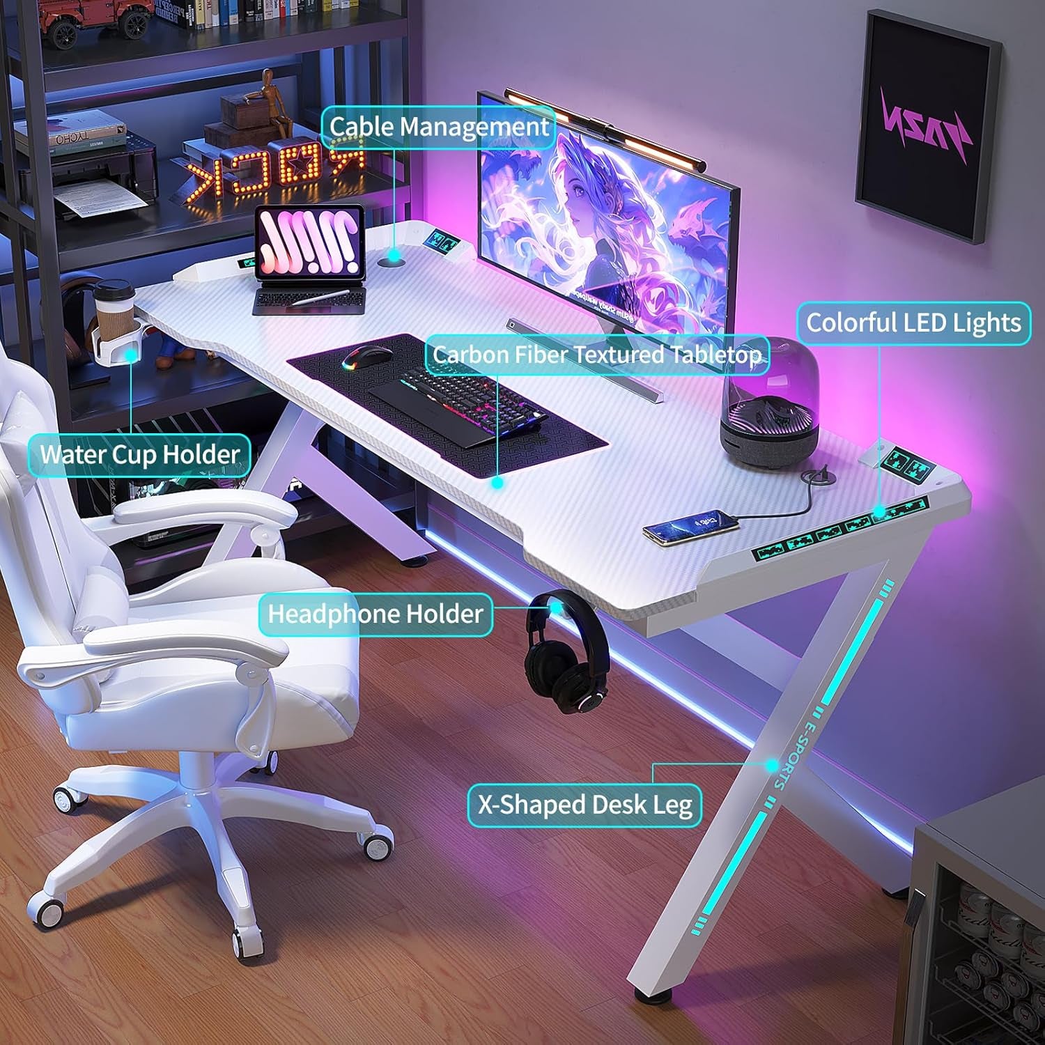 Gaming Desk, 55'' Computer Desk, Gaming Desk W/Led Lights & Carbon Fiber Desktop, Home Office Desks W/Ergonomic Design, Computer Desks W/Cup Holder, Headphone Holder, Cable Organizer