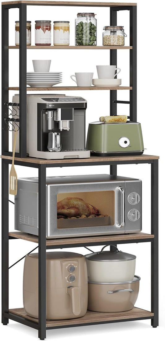 Coffee Bar, Baker’S Rack for Kitchen with Storage, 6-Tier Kitchen Shelves with 6 Hooks, Microwave Stand, Industrial, 15.7 X 23.6 X 65.7 Inches, Greige and Black UKKS024B02